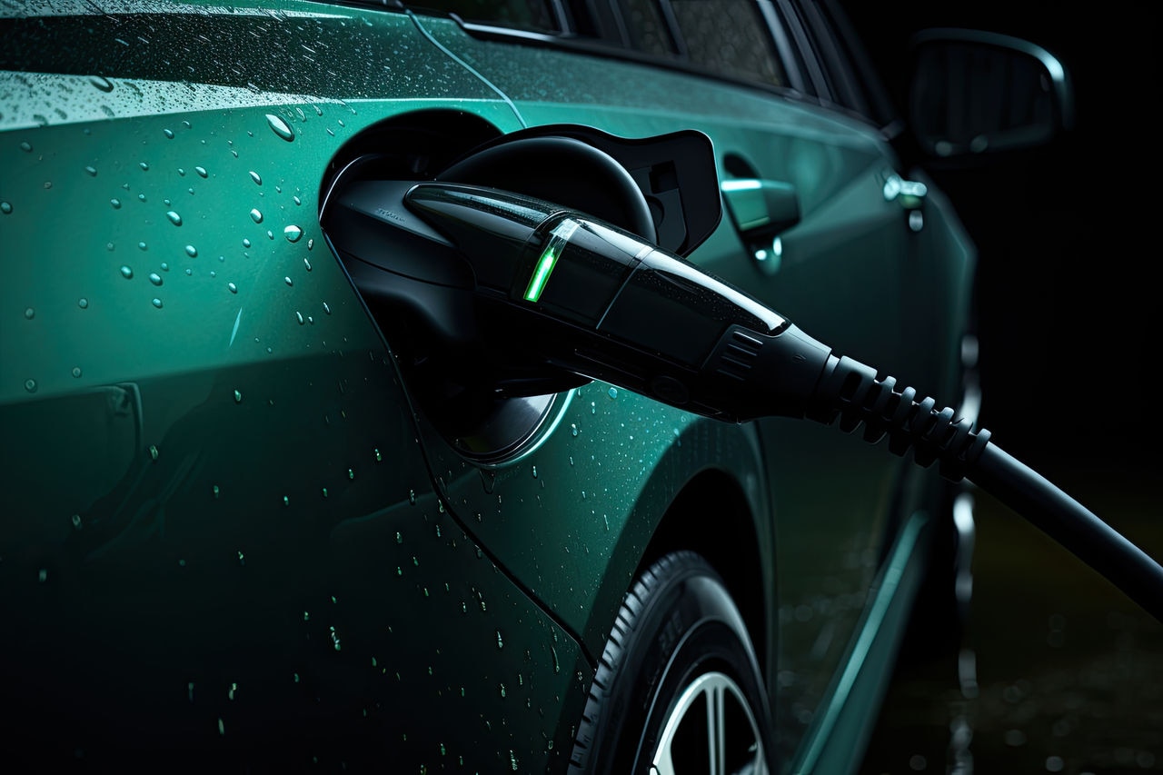 The green electric car is charged from the charging station during the rain. The minimal concept of electric transport.