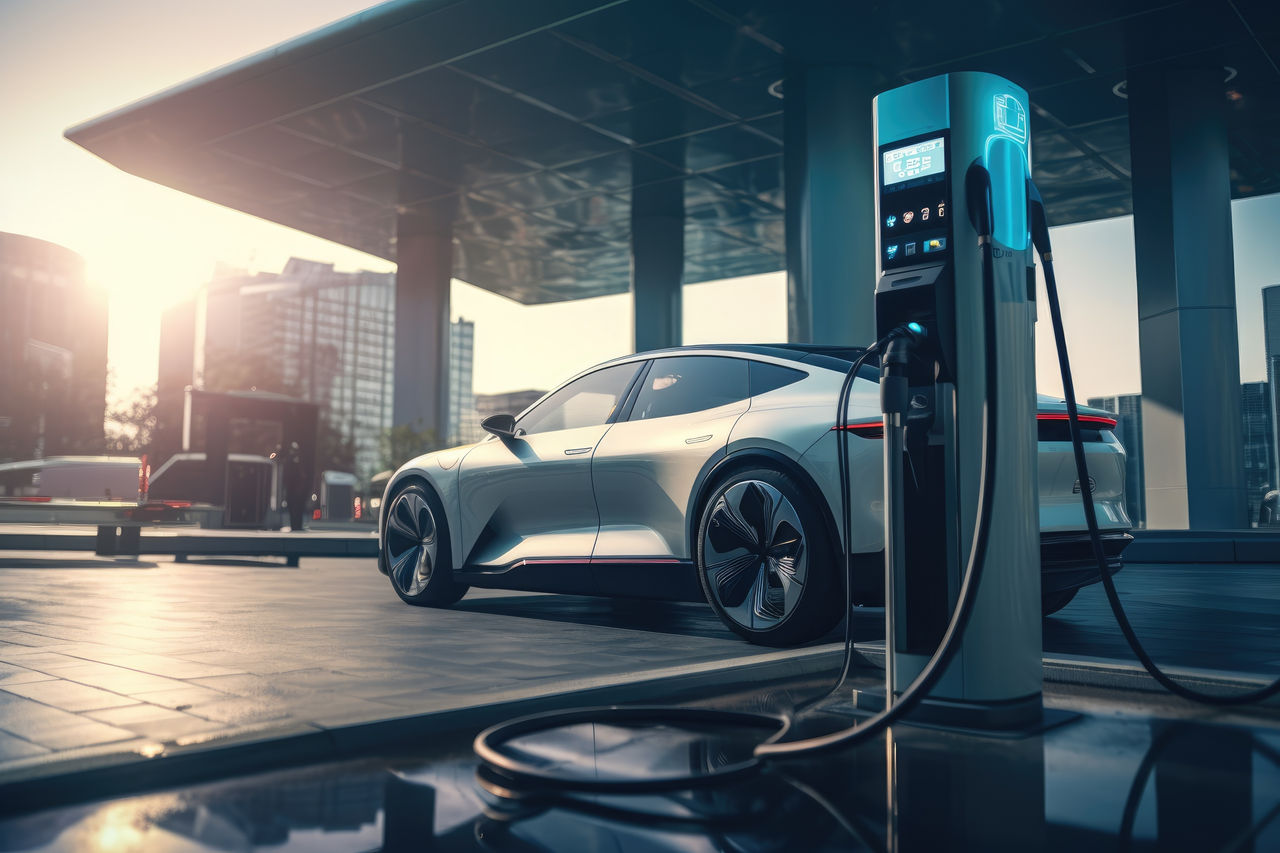 Modern vehicle refueling at a hydrogen fuel station. Renewable energy,hydrogen technology and clean energy sources.
